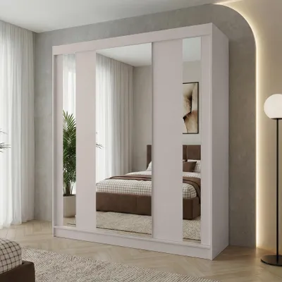 Produktbild von Beautysofa GAJA Schwebetürenschrank 180 cm mit Spiegel, Kleiderschrank 3-türig, Schlafzimmer Schrank modern, Kaschmir/Kaschmir mit zwei Schubladen