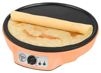 Produktbild von Bestron Crêpes Maker, Orange, Ø 30 cm, 1000 Watt, Retro Design, Antihaftbeschichtung, Thermostat, Antirutschfüßen, Bereitschafts- & Kontrollleuchte, erhöhte Backplatte, einfache Reinigung, platzsparende Kabelaufwicklung, inkl. Teigverteiler & Crêpes-Wender, Kunststoff/Metall
