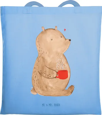 Produktbild von Mr. & Mrs. Panda Schultasche Bär Morgenkaffee - Sky Blue - Geschenk, Hochzeitstag, Mitbringsel, Shopping Tasche, Freundin, Jutetasche, Tote Bag, für, baumwoll shopper