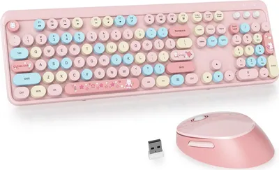 Produktbild von kabellose Tastatur- und Maus-Kombination,Retro-Schreibmaschinen-Tastatur,2.4GHz runde Tastenkappe Tastatur mit Ziffernblock,104 Tasten ergonomische