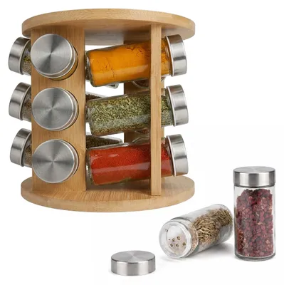 Image de Relaxdays, carrousel à épices, 12 pots à épices, étagère à épices rotative à 360°, dimensions (H x P) : 21 x 19 cm, bambou, étagère à épices, couleur naturelle