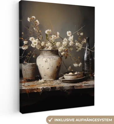 Produktbild von MuchoWow® - Leinwandbilder - Stilleben - Blumen - Blumenstrauß - Vase - Wein, Wandbild, Wanddeko Bilder Wohnzimmer, 30x40 cm