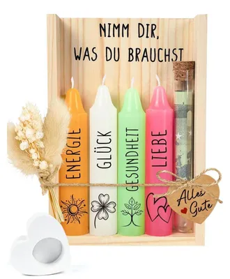 Produktbild von Kerzenset mit Herz Kerzenhalter und Holzbox für Frauen | Wellness Geschenkset | Geldgeschenk Verpackung