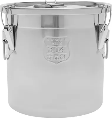 A stainless steel canister with a latching lid.