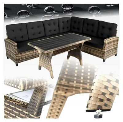 Produktbild von Gartenbank Set mit Tisch und Eckbank, Rattan Lounge für den Außenbereich, wetterfeste Sitzecke für Garten, Balkon und Terrasse - Natur
