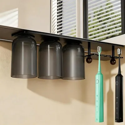 Image de Support mural magnétique pour gobelets de brosses à dents, sans perçage, pour 3 gobelets et 4 brosses à dents