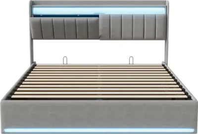 Obrázok produktu pre Dvojlôžko – posteľ s úložným priestorom 160 × 200 cm – čelo s LED osvetlením a USB – zamatové čalúnenie – kovový rám – moderný dizajn