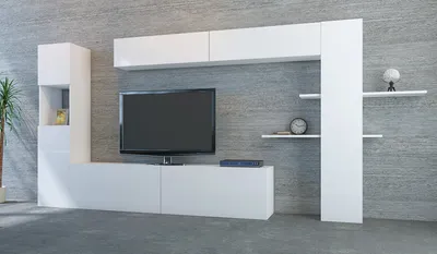 Immagine prodotto di Skye Decor, mobile TV di alta qualità, 215 x 150 x 31,5 cm, pannello truciolare rivestito al 100% in melamina, spessore 18 mm | Mensola da parete 210 x 150 x 23,5 cm | Design moderno ed elegante in bianco.