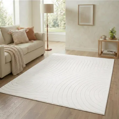 Produktbild von Teppich Kurzflor Wohnzimmer - 200x290 cm in Creme - Geometrisches Wellen-Muster in 3D-Optik