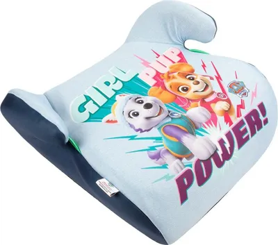 Produktbild von Tataway Paw Patrol Spiderman i-Size ECE R129 Sitzerhöhung. Kindersitzerhöhung für Mädchen mit einer Körpergröße von 125 bis 150 cm. Sitzerhöhung mit Grafiken der süßen Hunde Everest und Skye, Kindersitz auf blauem Hintergrund.