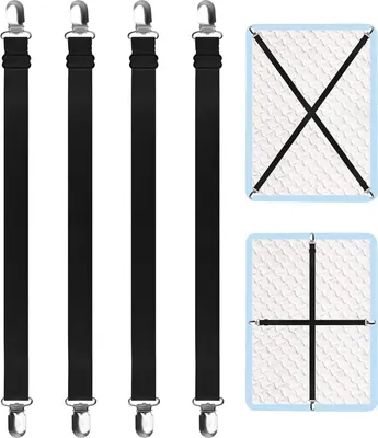 Produktbild von 4 Stück Verstellbare Betttuchspanner | Elastische Bettlakenspanner mit Metallclips | Für faltenfreie Bettlaken und Matratzen – Schwarz