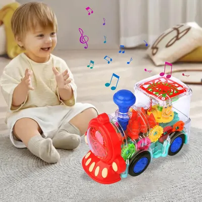 Image de Train électrique, boîte de vitesses transparente avec lumière musicale, jouet rotatif, cadeau d'anniversaire pour enfants pour