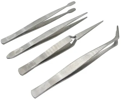 Produktbild von Pinzettenset - 4-teiliges Pinzettenset - Pinzette - Silberfarben - Ellenbogenpinzette - Umkehrpinzette - Flacher Kopf - CHPN