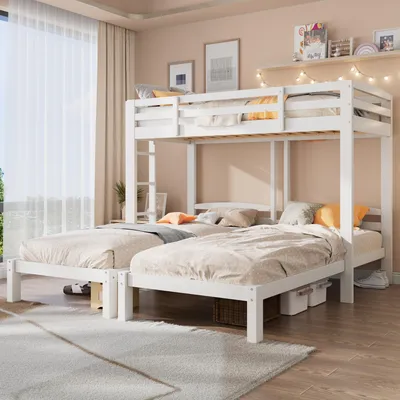 A bedroom with a white triple bunk bed, two beds on the bottom and one on top, with light-colored bedding and pillows.