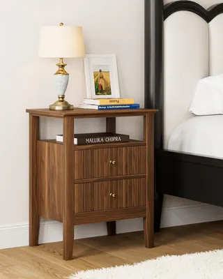 Produktbild von Nachtkastje Retro, 2 Schubladen, Massivholz Château-Notenholz, für Schlafzimmer und Wohnzimmer