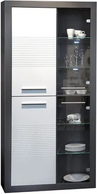 Produktbild von BEGA-GRUPPE Vitrine KOLIBRI, MDF weiß Hochglanz, grau, mit Aluoptik und schwarzen Gleitern, 194x92x37 cm