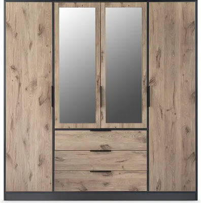 Produktbild von 4-türiger Kleiderschrank mit 3 Schubladen - Mit Spiegeln - 196 cm breit - Natur und schwarz - LAMIKI