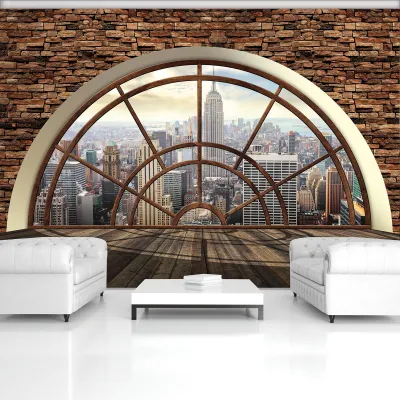 Produktbild von Vlies Fototapete Großes Fenster Wand Blick auf die Stadt New York Wohnzimmer (312cm x 219cm -3 Bahnen) Schlafzimmer Wandtapete Tapete Latexdruck UV-Beständig Geruchsfrei Hohe Auflösung Montagefertig