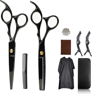 Produktbild von Profi Haarschere Set, Edelstahl Schwarz Friseurscheren, 2 Scharfe Haarschneideschere, Friseursalon inkl.Haarschneideumhang Kamm Haarklammern Reinigungstuch Scherenregler & Etui