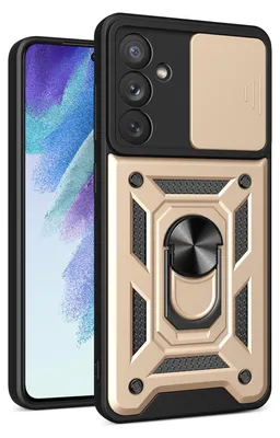 A phone case with a ring stand and camera cover is shown against a white background.