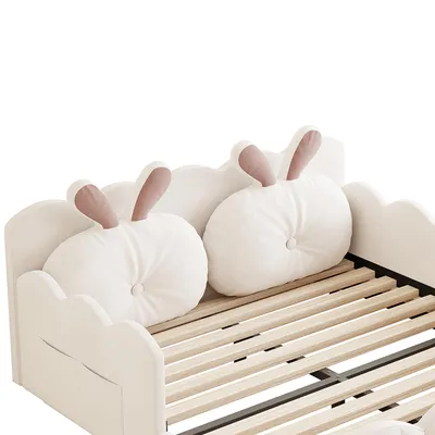 Produktbild von Flieks Kinderbett Polsterbett 140x200cm mit Kissen, Doppelbett Bodenbett mit Lattenrost und Rausfallschutz, Kinderbett mit Samtbezug, Beige