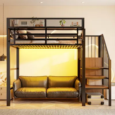 Produktbild von STILVORA Hochbett 90x200 cm mit Matratze Jugendbett mit LED-Lichtleiste aus Metall, Etagenbett mit Sicherheitsleiter, Erwachsenenbett mit flexiblem Stauraum Schwarz