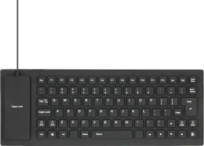 A black silicone keyboard is shown from a top-down view against a white background.