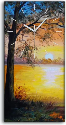 Produktbild von Wanduhr Uhr Wandbild Leinwand 30x60 Bild Landschafts Baum am See malen - weiße Hände