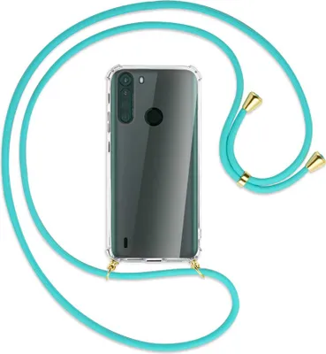 Produktbild von Handykette Backcover-Schutzhülle mit Band (Metall goldfarben) für Motorola One Fusion - türkis