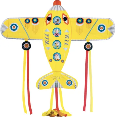 A yellow airplane-shaped kite with colorful decorations and streamers.