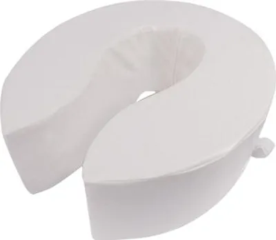 A white toilet seat riser with foam padding.