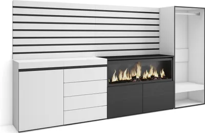 Image de COZY Buffet, Bahut, 274x35x145cm, Chambre à coucher, Cheminée électrique XXL, Commode, Buffet, Vestiaire ouvert, Blanc