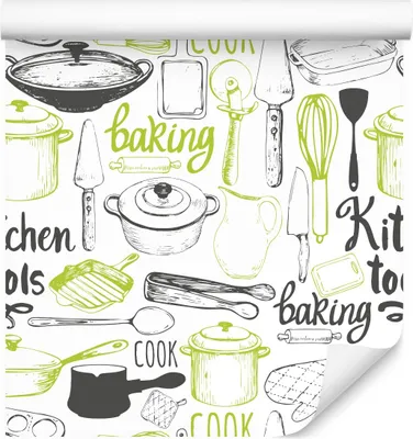 Zdjęcie produktu dla Tapeta Abstrakcja Ścienna Dekoracja z modnym efektem 3D garnki przybory kuchenne napisy do kuchni