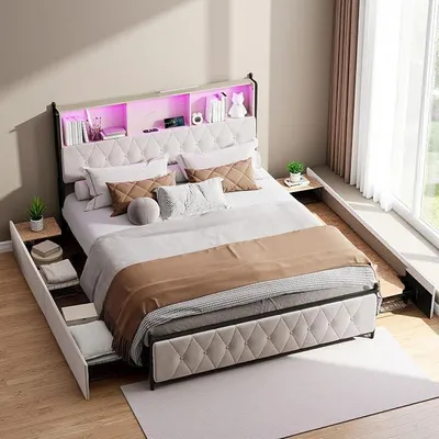 Obrázok produktu pre Postel s čalúneným čelom, dvojlôžko, 180x200 cm, s LED osvetlením – čelo s USB portami a úložným priestorom, postel s úložným priestorom a 4 zásuvkami, posteľ pre mládež, funkčná posteľ s opierkou, materiál: zamat, farba: béžová, bez matraca