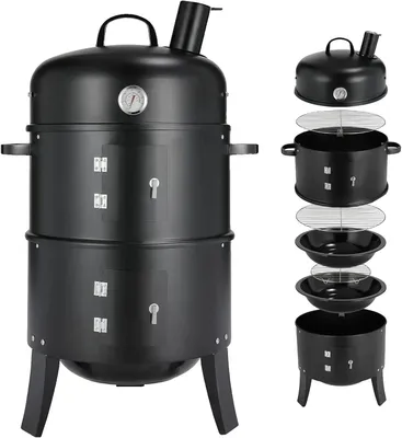 Zdjęcie produktu dla Grill węglowy do barbecue z wędzarnią, 3 w 1, z regulowanym systemem wentylacji i kominem