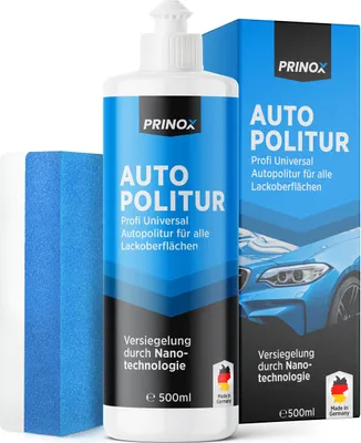 Produktbild von PRINOX® Profi Autopolitur 500ml inkl. Polierschwamm für alle Lacke - Schwarz, Weiß, Buntlacke, Metalliclacke I Auto Politur mit Nanoversiegelung zum Kratzer entfernen - DE