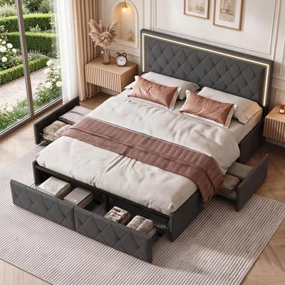 Produktbild von INONEFT Polsterbett 140x200cm mit 4 Schubladen, Jugendbett Doppelbett mit LED-Beleuchtung, Stauraumbett Massivholzbett mit Lattenrost, PU, Grau