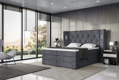 Produktbild von MEBLINI King Boxspringbett mit Bettkasten - Gepolstert Doppelbett mit Matratze und Topper - Polsterbett mit Stauraum - Bett mit LED Kopfteil - Stauraumbett - MANUEL - 180x200 - H4/Dunkelgrau Samt