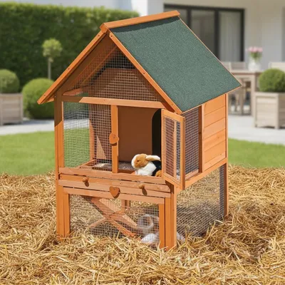 Produktbild von Hasenstall & Kleintierkäfig aus Holz mit Freilaufgehege und wetterfestem Dach