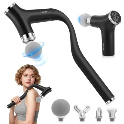 Immagine prodotto di Pistola massaggiante portatile - Massaggiatore muscolare elettrico - Massaggio dei tessuti profondi e delle fasce - Schermo touch LED - 4 testine intercambiabili - Senza fili - Nero