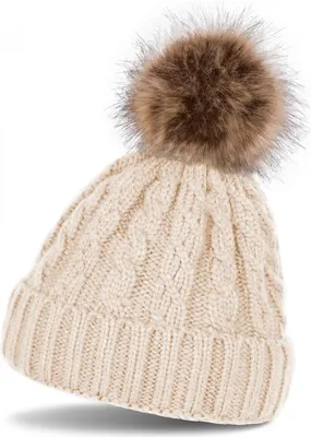 Produktbild von styleBREAKER Zopfmuster Bommelmütze, Strickmütze mit Fellbommel, Winter Beanie Mütze, Uni 04024064