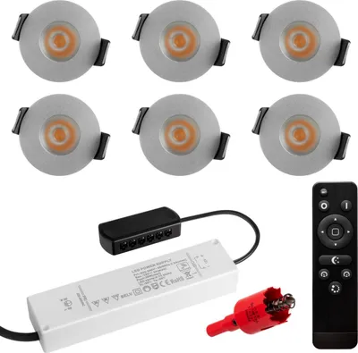 Produktbild von S-Polylight PREMIUM Mini LED- Einbauspots Warmweiss 3.000K, DIMMBAR, IP65, FUNK 3W LED Einbaustrahler Terrassenüberdachung, Terrassenbeleuchtung, Bad, Sauna, LED Spots mit Fernbedienung (SILBER, 6x LED-SET)
