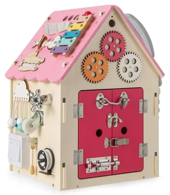 Holz-Spielhaus mit sensorischen Spielen & Stauraum, Montessori, 33x33x45 cm
