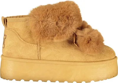 Produktbild von Damenstiefel Braun mit Fell, Pom Pom, Stickerei & Keilabsatz 4 cm