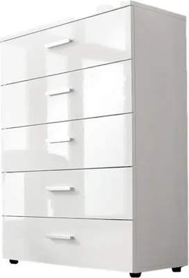 A white, five-drawer chest of drawers.