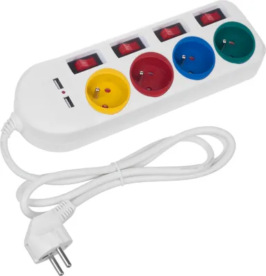 Produktbild von Maclean MCE229 Steckdosenleiste, 4-Steckdosen-Verlängerungskabel + 2xUSB, mit Schalter, 250VAC/10A, 2,1A 5V, 1,5m weiß