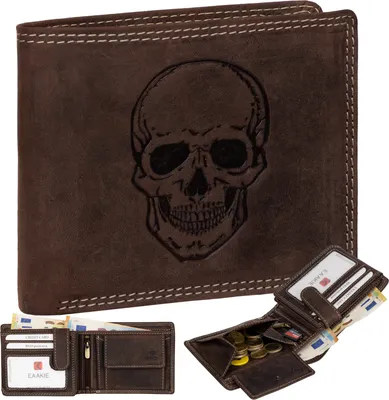 Produktbild von RFID Büffel Echt Leder Geldbörse Portemonnaie Herren mit geprägtem Motiv  Braun Querformat Totenkopf