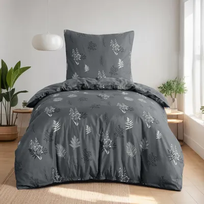 Produktbild von Bettwäsche-Set 155x220 cm 2-teilig Mikrofaser Blumen Grau mit Reißverschluss