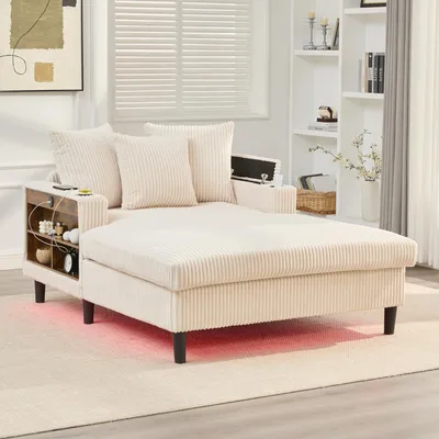 Produktbild von MODFU Liegesessel Loungesofa mit LED-Beleuchtung und USB-Ladeport Schlafsofa mit Stauraum und Seitentasche Multifunktionaler 1-Sitzer-Sofa mit großer Liegefläche Beige