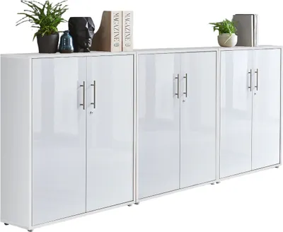 Produktbild von Aktenschrank TABOR 99 in weiß / weiß Hochglanz, Schrankwand, Büroschrank, abschließbar, Metallgriffe